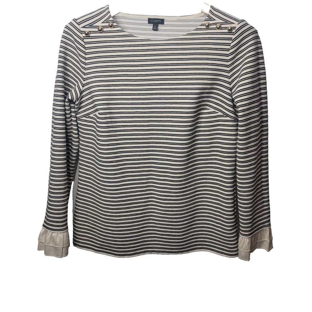 Talbots Women's Long Sleeve Shirt Size M Black White Gold Stripe Nautical Button